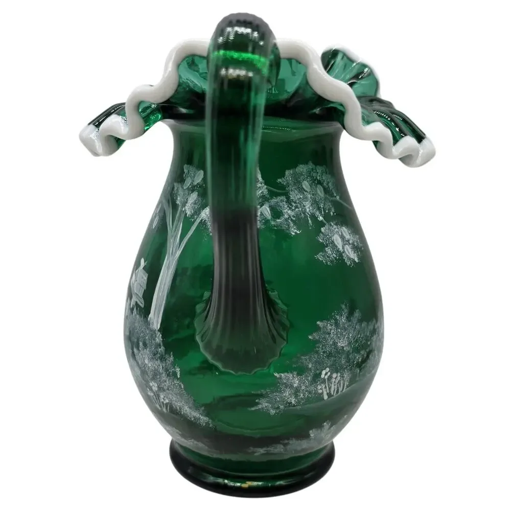 Fenton Glass Emerald Mary Gregory Snow Crest Pitcher SIGNED T KELLEY